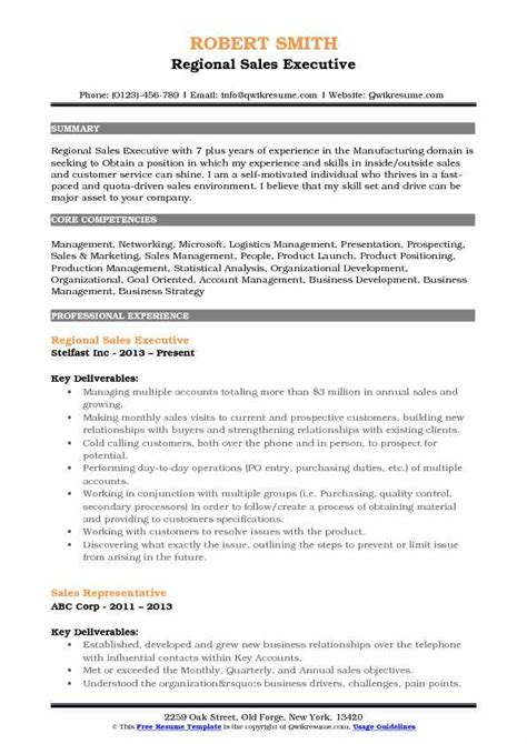 Available in microsoft word (.doc) format, just download it, open it in microsoft word. Regional Sales Executive Resume Samples | QwikResume