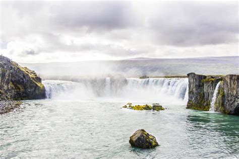 Beautiful Landscape Godafoss Waterfall And Cliff In East Iceland Stock