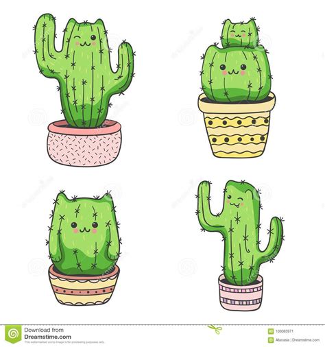 Drawing skull cat logo vector cute cactus print cactus creature. Set Of Cute Cartoon Cat Cactus. Stock Vector ...