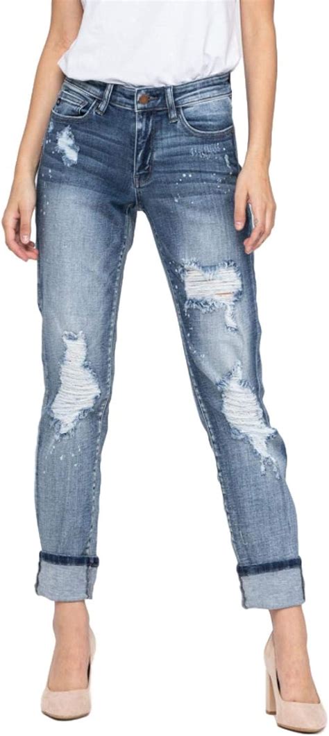 Judy Blue Jeans Distressed Cuffed Boyfriend Jeans 0 At Amazon Womens