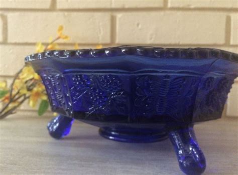 Vintage Blue Cobalt Footed Bowl Butterfly And Blackberry Etsy In 2021 Vintage Glassware