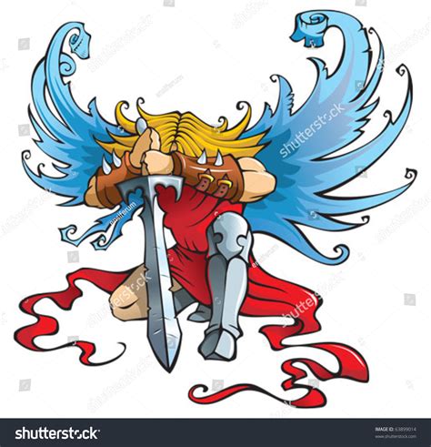 Angel With Large Sword Kneeling With Open Wings Vector Illustration