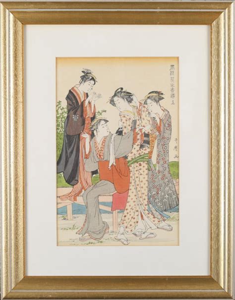 Antique Japanese Ukiyo E Woodblock Print Women In Park