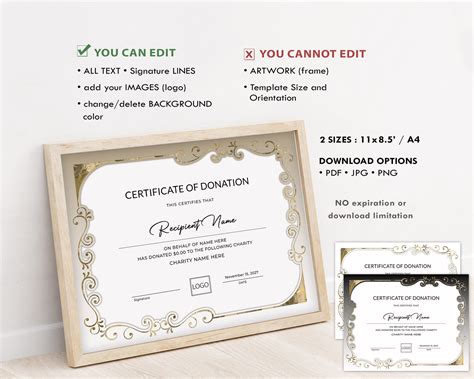 Editable Certificate Of Donation Template Printable Charity Etsy