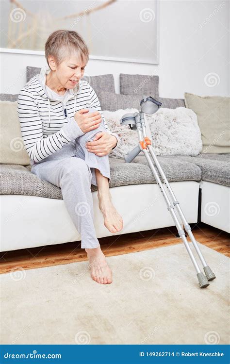 Senior Woman With Crutches Stock Photo Image Of Cane 149262714