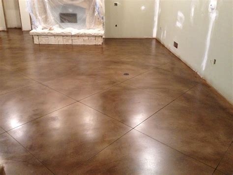 Beautiful brown stain with satin look on concrete basement floor by