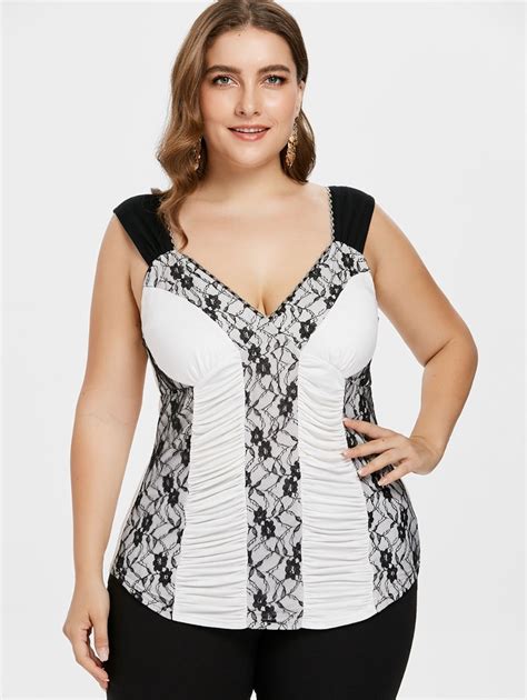 5xl Plus Size Ruched Lace Trim Tank Top Women Deep V Neck Backless