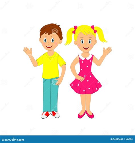 Boy And Girl Waving Their Hand Cartoon Vector 54943659