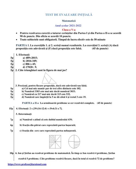 Clasa A V A Test Initial La Matematica Cu Rezolvare