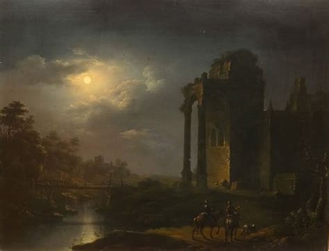 Large 19th Century Moonlit Ruins River Landscape Antique Oil Painting