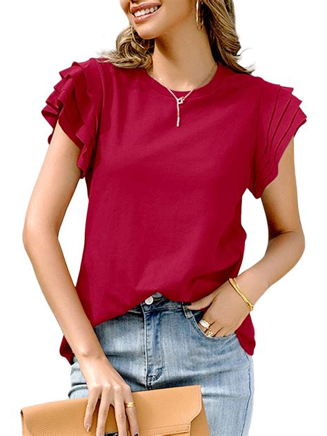 Focusnorm Womens Summer Tops Ruffle Short Sleeve Crewneck T Shirts