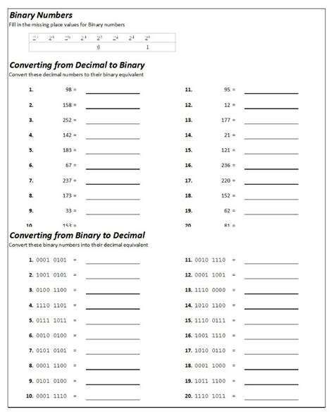 Binary Numbers Worksheet Answers