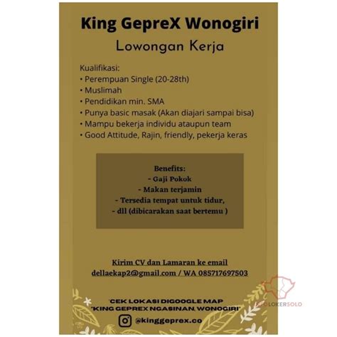 Demikianlah berita lowongan kerja wonogiri terbaru untuk bulan ini yang dapat kami. Lowongan Kerja King Geprex Ngasinan Wonogiri - INFO LOKER SOLO