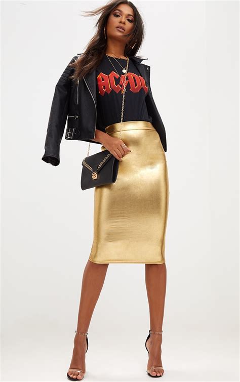 Gold Metallic Midi Skirt Skirts Prettylittlething Qa