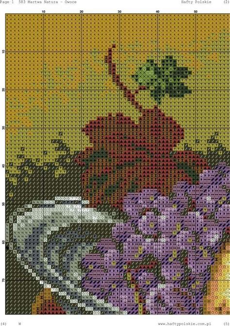 A Cross Stitch Pattern With Grapes And A Teapot On The Table In Front Of It