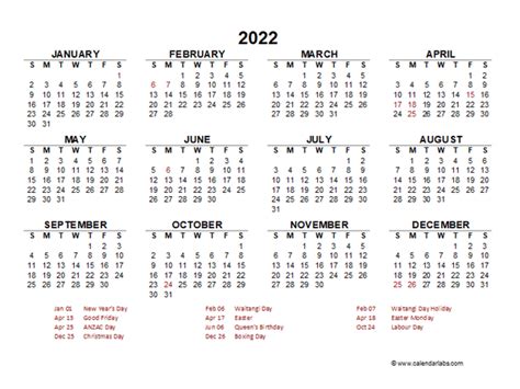 2022 Year At A Glance Calendar With New Zealand Holidays Free
