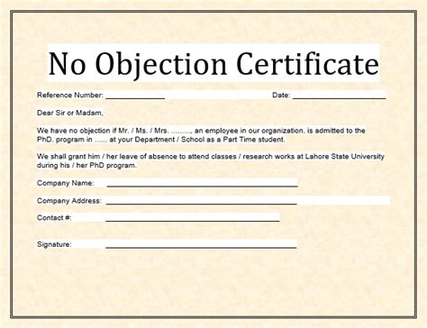 Sample No Objection Certificate Free Word Templates