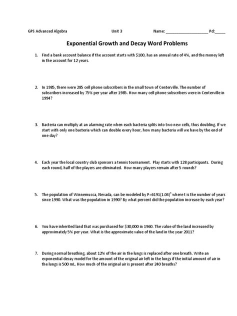 Growth And Decay Word Problems Worksheet Caffeine Bacteria