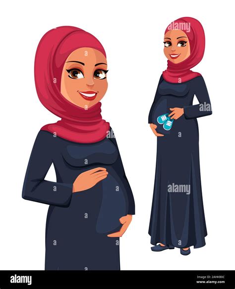 Beautiful Pregnant Muslim Woman In Hijab Set Of Two Poses Cute Arab