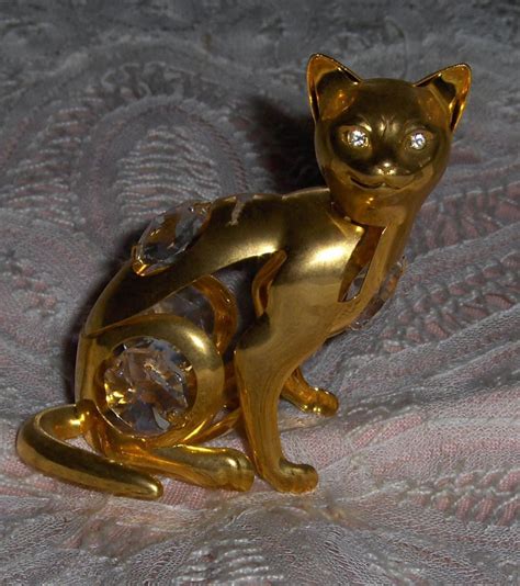 Vtg Cat Figurine Miniature Gold Tone Thin Metal Kitten Rhinestone Eyes