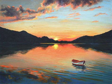 A Painting Of A Boat In The Water At Sunset