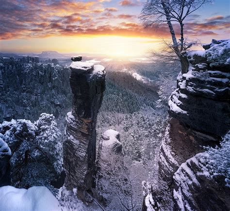 Winter Sunset Forest Cliff Snow Nature Landscape Germany Clouds