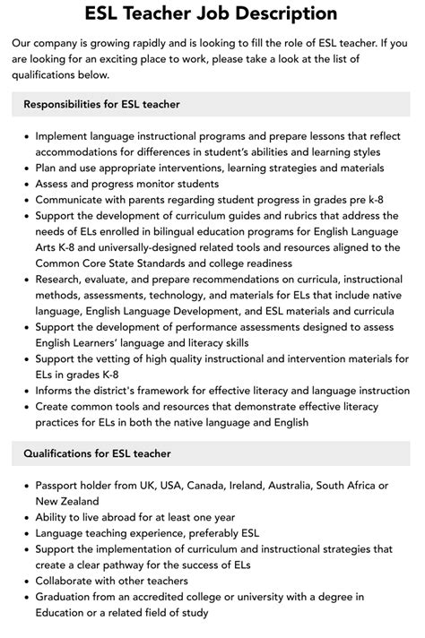 Esl Teacher Job Description Velvet Jobs