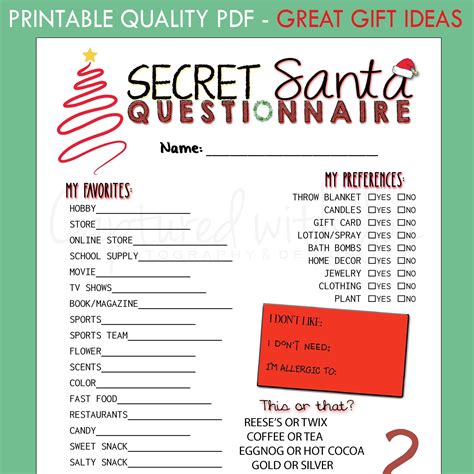 Printable Pdf Secret Santa Questionnaire For T Exchange Etsy Uk