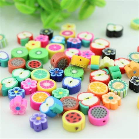 set of 100pcs mixed fimo fruit flower slice beads fimo drilled beads cabochon clay beads 8 12mm