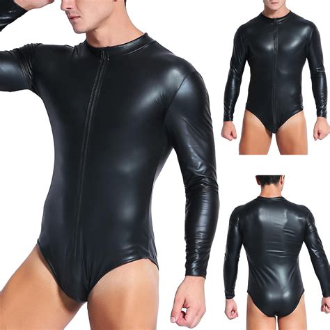 us mens wet look leather bodysuit bulge pouch leotard catsuit singlet wrestling ebay