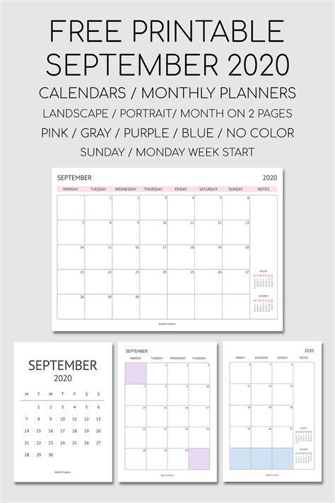 Printable September 2020 Calendars