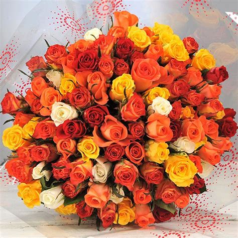 Sensational Bouquet Of 100 Yellow Red And Orange Roses Fresh Flowers