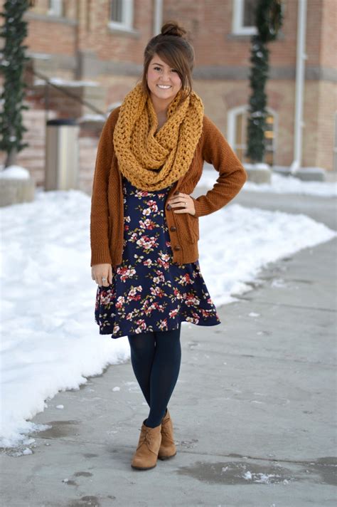 Floral Dress Black Tights Brown Boots Winter Outfits For Church