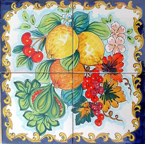 The tile can be placed on the backsplash with a drywall backing. Hand Painted Tile Mural -Pomegranate and Chestnut ...
