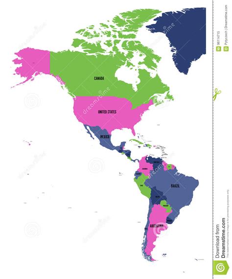 Mapa Político De Américas En Cuatro Colores En El Fondo Blanco Norte Y