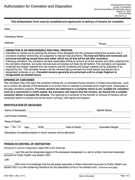 New York State Cremation Authorization Form Fill Out And Sign