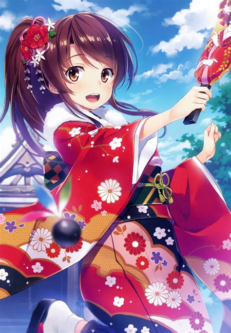 Wallpaper Anime Girl Japanese Clothes Smiling Sky