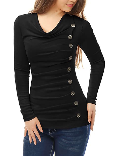 Unique Bargains Womens Pullover Cowl Neck Long Sleeve Side Ruched