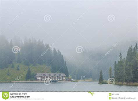 Lake Misurina Bench Hotel And Dolomites Italy Editorial Photo