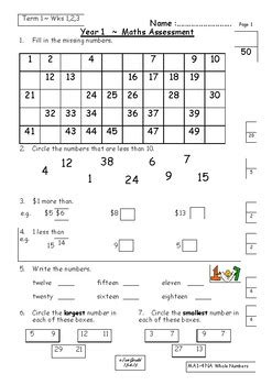 Numeracy worksheets for year 1. Maths Assessments Australia Year 1 Semester 1 by Sue Gould | TpT