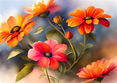 Beautiful Blooming Flowers In Realistic Watercolor Background Ai