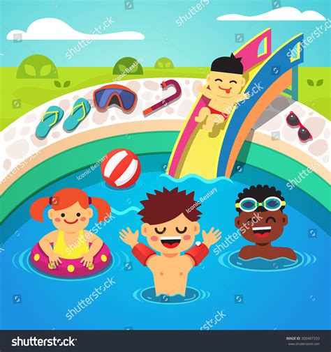 Kids Having Pool Party Happy Swimming Stock Vector