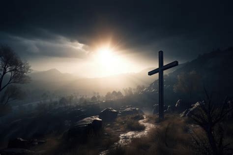 丘の上に十字架のある風景太陽光線と雲イースターのコンセプトとキリストの磔刑 ai プレミアム写真