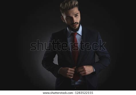 Portrait Young Attractive Businessman Buttoning Suit Stock Photo
