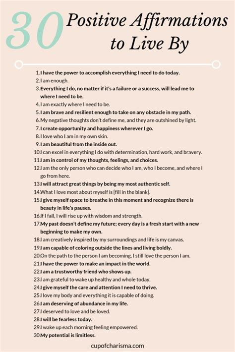 30 Positive Affirmations To Live By Printable Cup Of Charisma