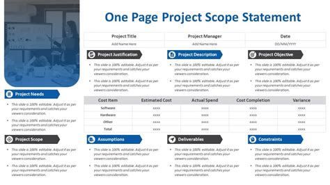 One Page Project Scope Statement Powerpoint Template Ppt Templates