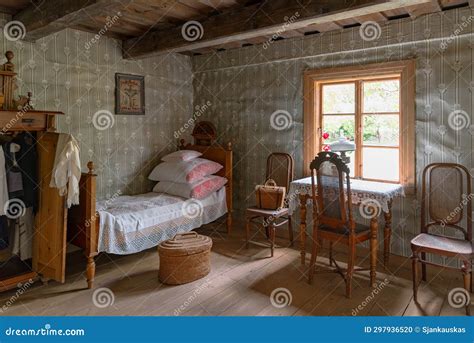 Ancient Bedroom Interior With Antique Furniture Wooden House In