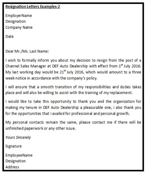 Resignation Letter Template Examples Zohal