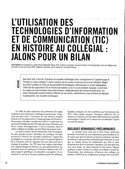 Pdf L’utilisation Des Technologies D’information Et De Communication Tic En Histoire Au