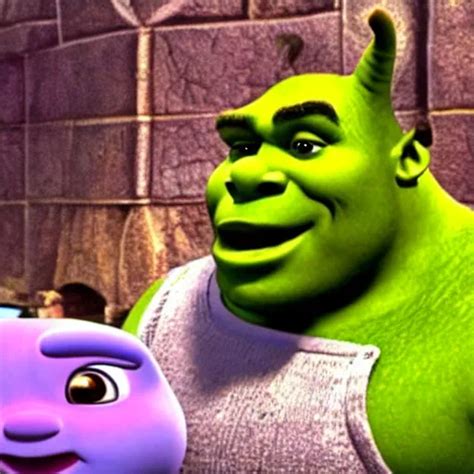 A Still Of Shrek Meeting Kirby For The First Time In Stable Diffusion